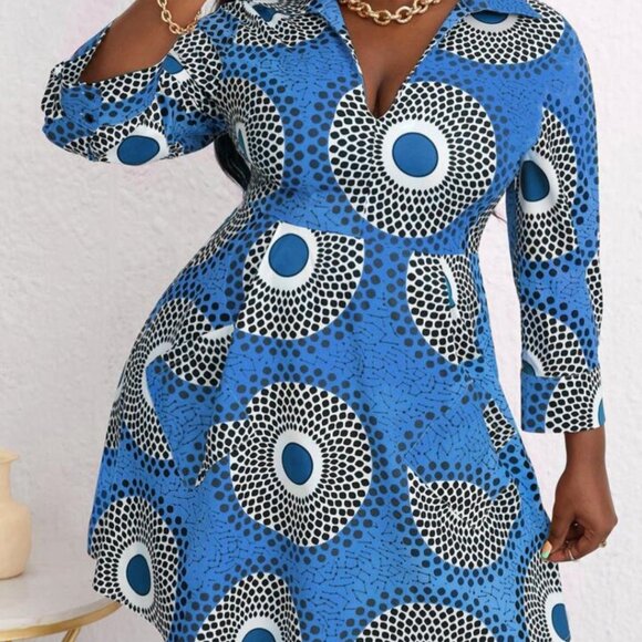 SHEIN Blue Plus Size African Geo Print Dress with Pockets- Size 0XL - Picture 1 of 9